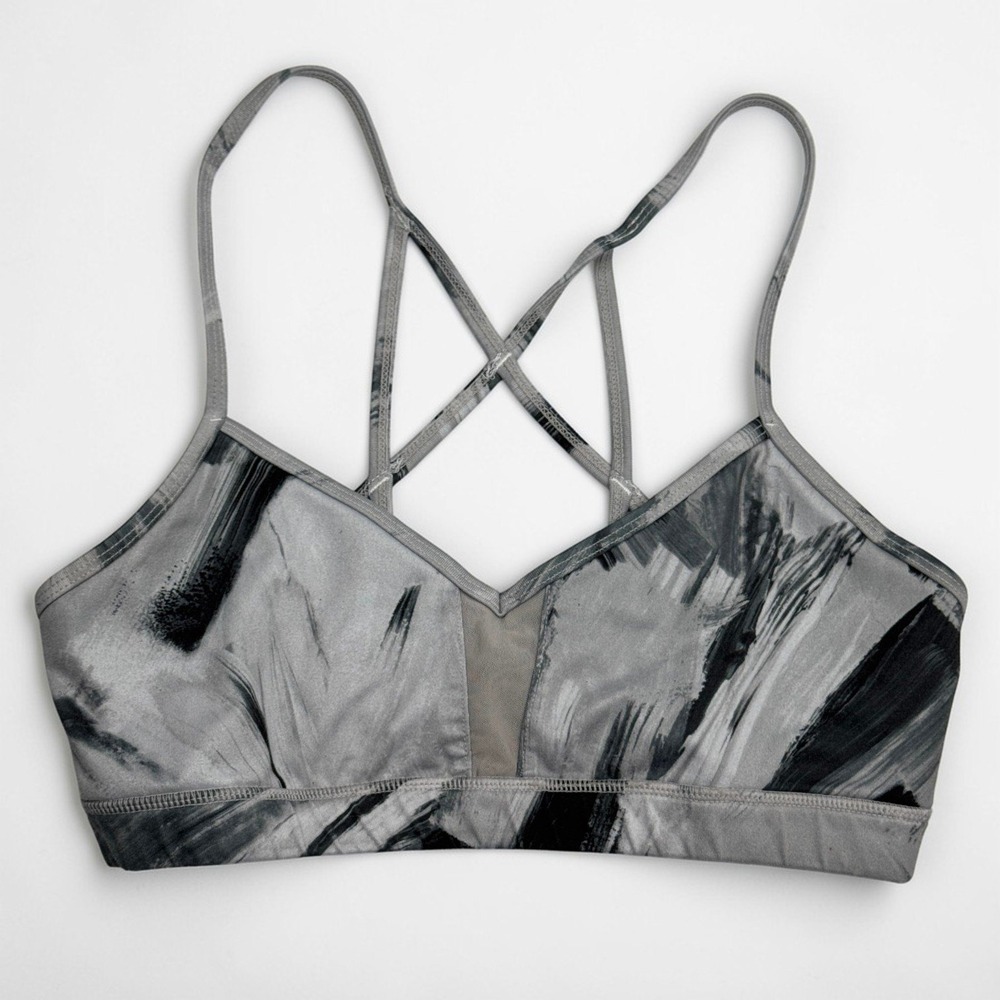 Alo Yoga Sports Bra Womens M Gray Black Brushstroke Print Strappy Mesh Back